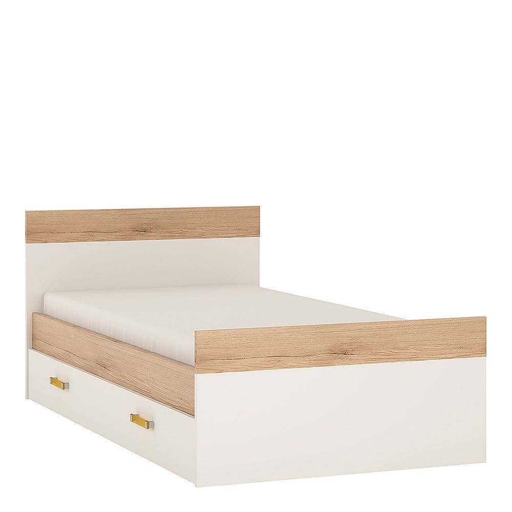Kinder Single Bed with under Drawer in Light Oak and white High Gloss (orange handles)
